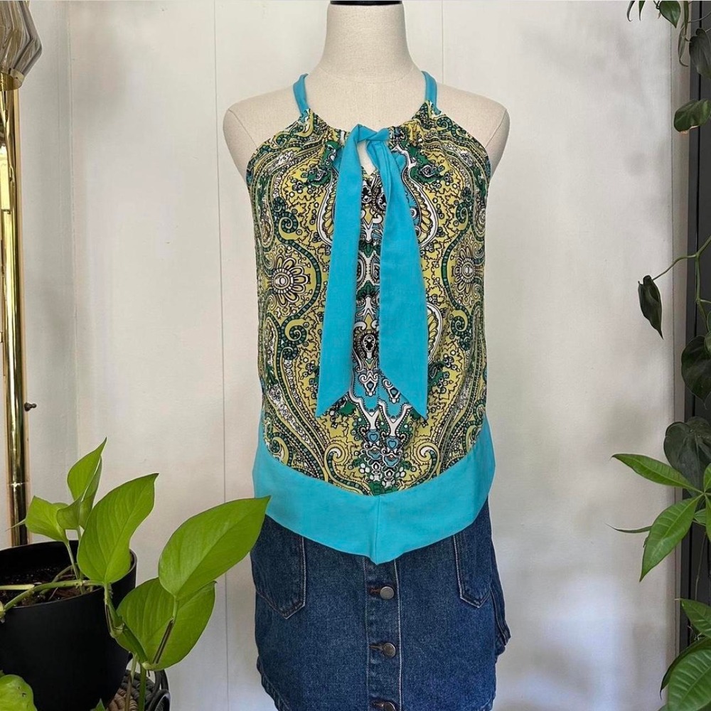 New York and Company Paisley Halter Top XS Yellow Teal Boho Handkerchief Hem